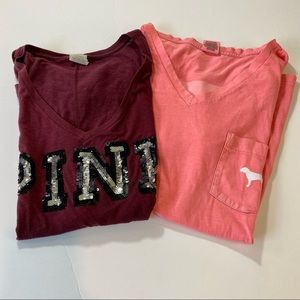 PINK Victoria's Secret Lot of 2 Tees V-neck Burgundy Sequin Coral Sz Medium